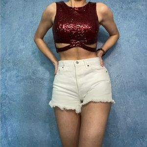 Red Sequin Cutout Sleeveless Crop Top